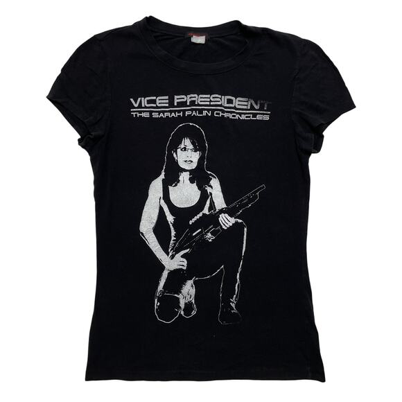Y2K 00's Vice President The Sarah Palin Chronicles Terminator Black Baby Tee S - Picture 1 of 3
